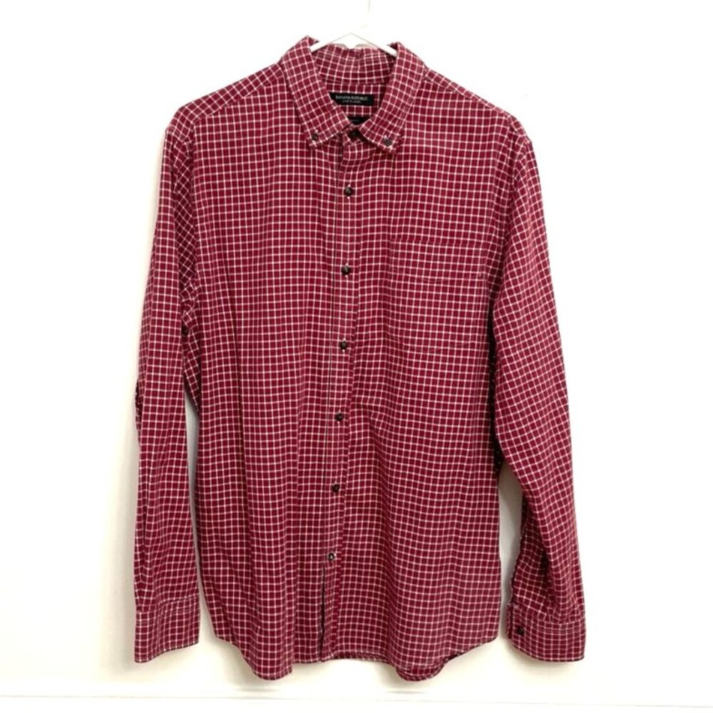 Banana Republic Luxe Flannel Slim Fit Men's Shirt Sz L Burgundy Red Plaid Check